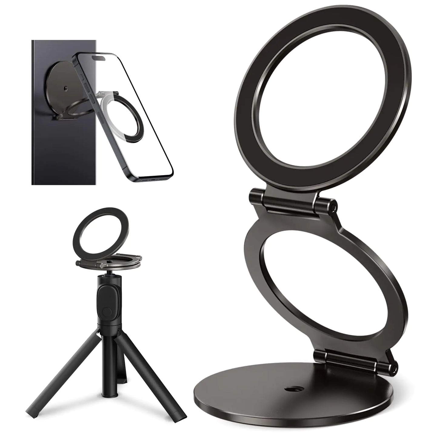 MAGDIGITEH Dual Magnetic Ring Phone Holder for MagSafe 1/4" Screw Hole Tripod Mount Attach Your Phone to Iron Object Adjustable Gym Phone Stand for iPhone 16/15/14/13 Pro Max & All Phones